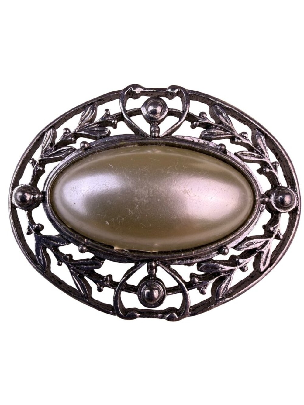 Vintage Womens Silver Tone Metal Oval Filigree Brooch Faux Pearl